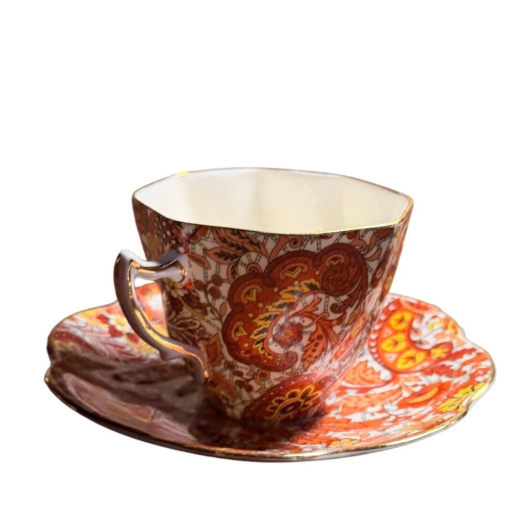 Rosina Vintage Orange Paisley Tea Cup & Saucer Set Bone China England 5032
